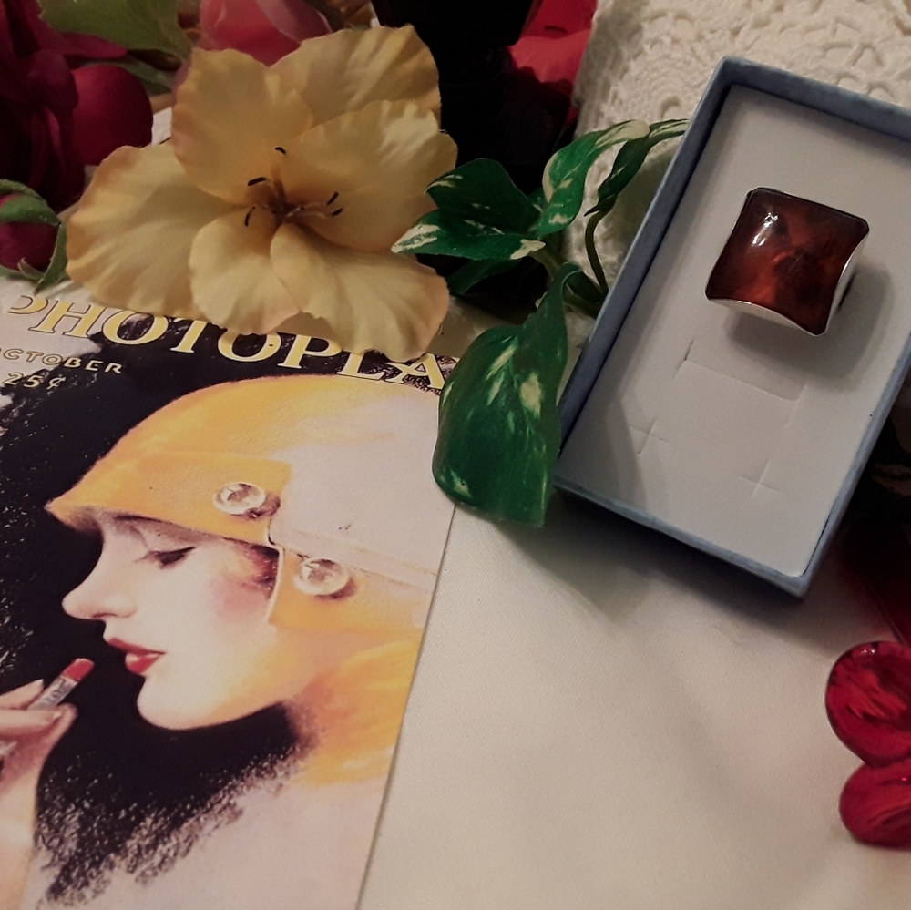 VTG.AUTHENTIC BALTIC SEA AMBER 835 SILVER RING 6.5